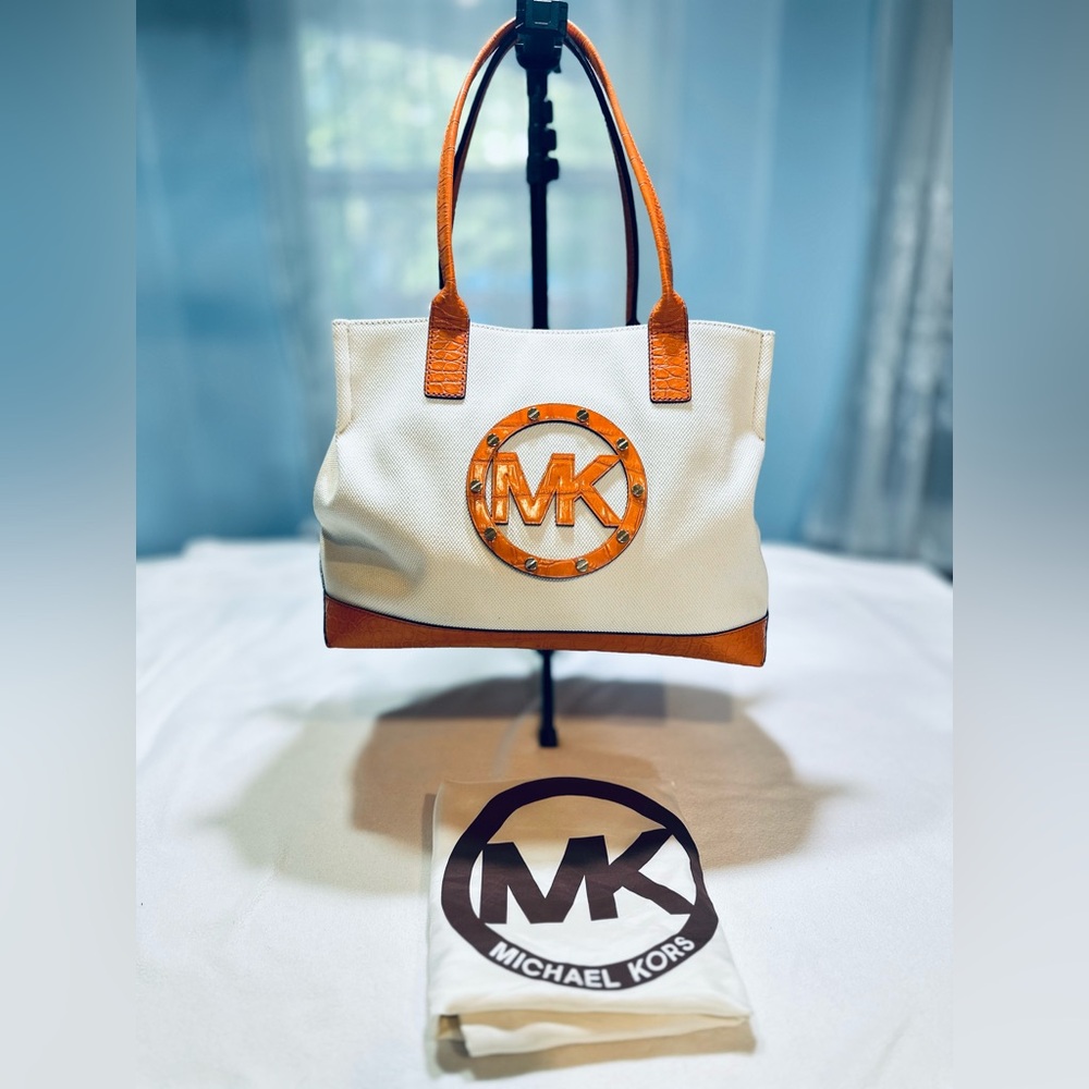 Michael Kors Orange and Cream Canvas Tote